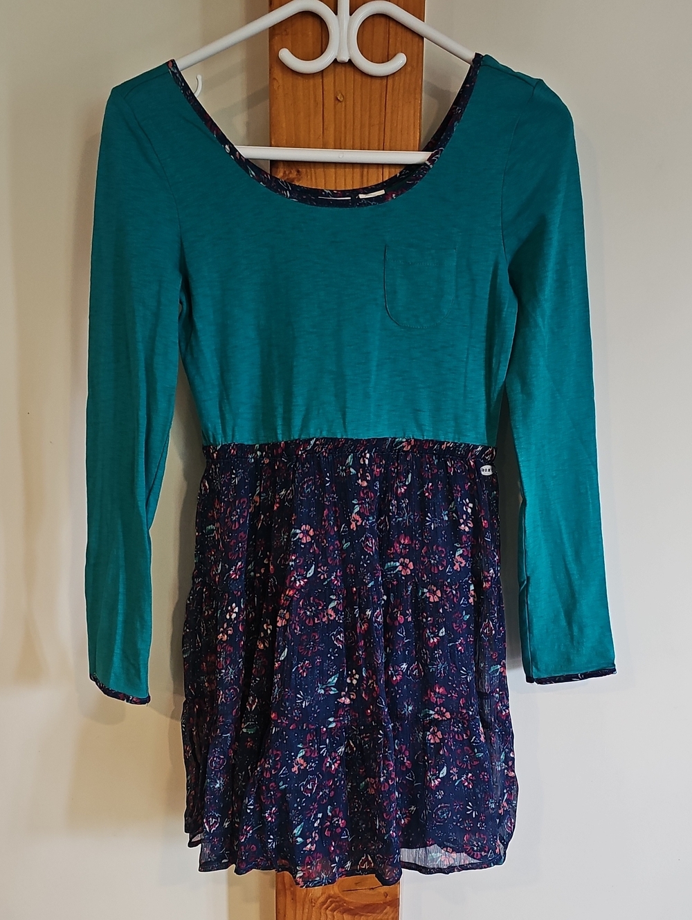 Roxy Teal Top with Navy Floral Trim